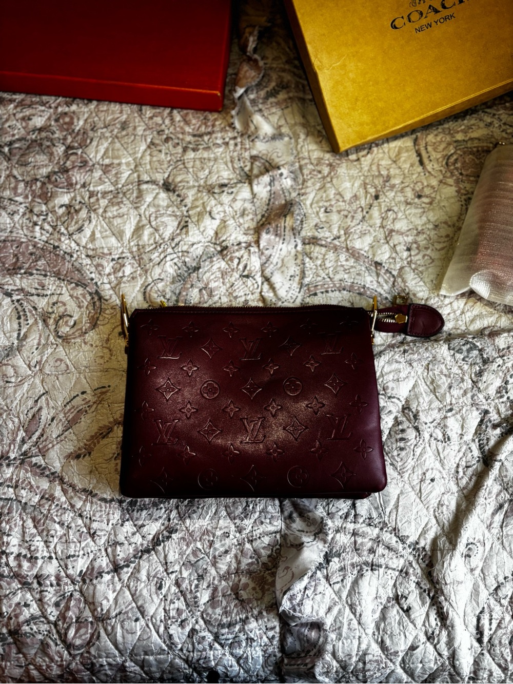 Replace Deep Burgundy Monogram Embossed Leather Wristlet